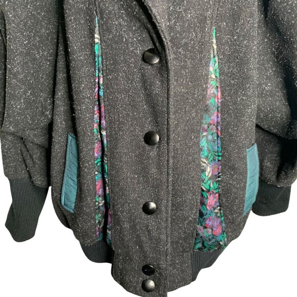 Vintage Oversized Wool Blend Coat 2XL Black Floral Accents Buttons Pockets - Picture 3 of 8